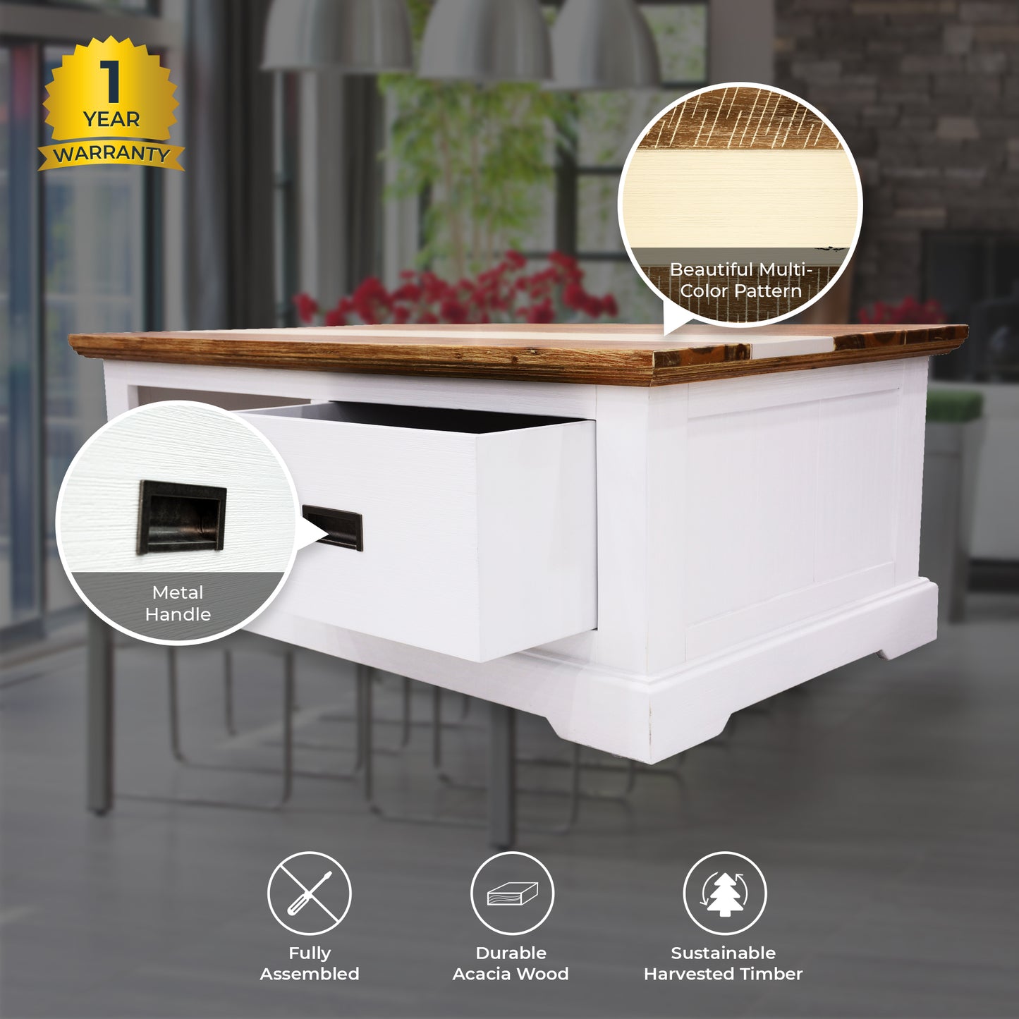 Orville Coffee Table 120cm 1 Drawer Solid Acacia Timber Wood - Multi Color - Cosy Abode