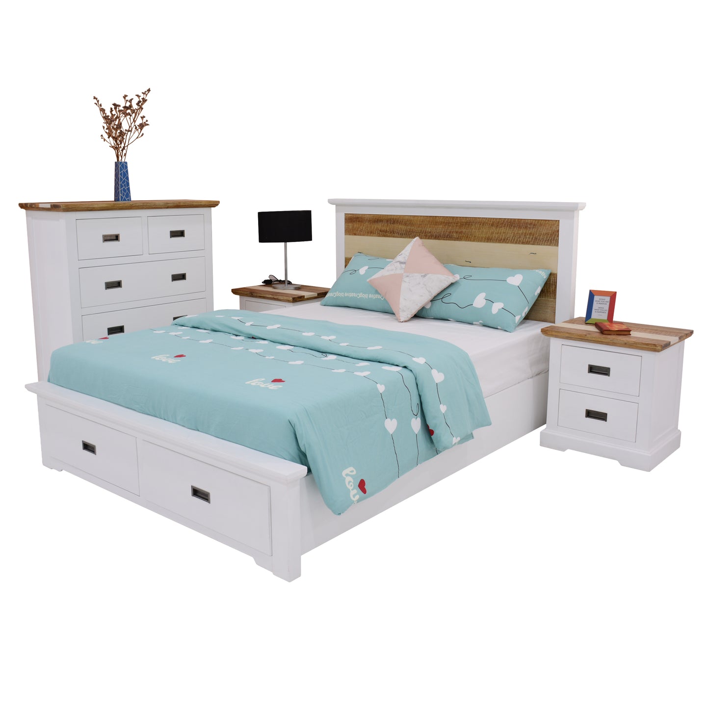 Orville 4pc Queen Bed Frame Suite Bedside Tallboy Furniture Package -Multi Color - Cosy Abode