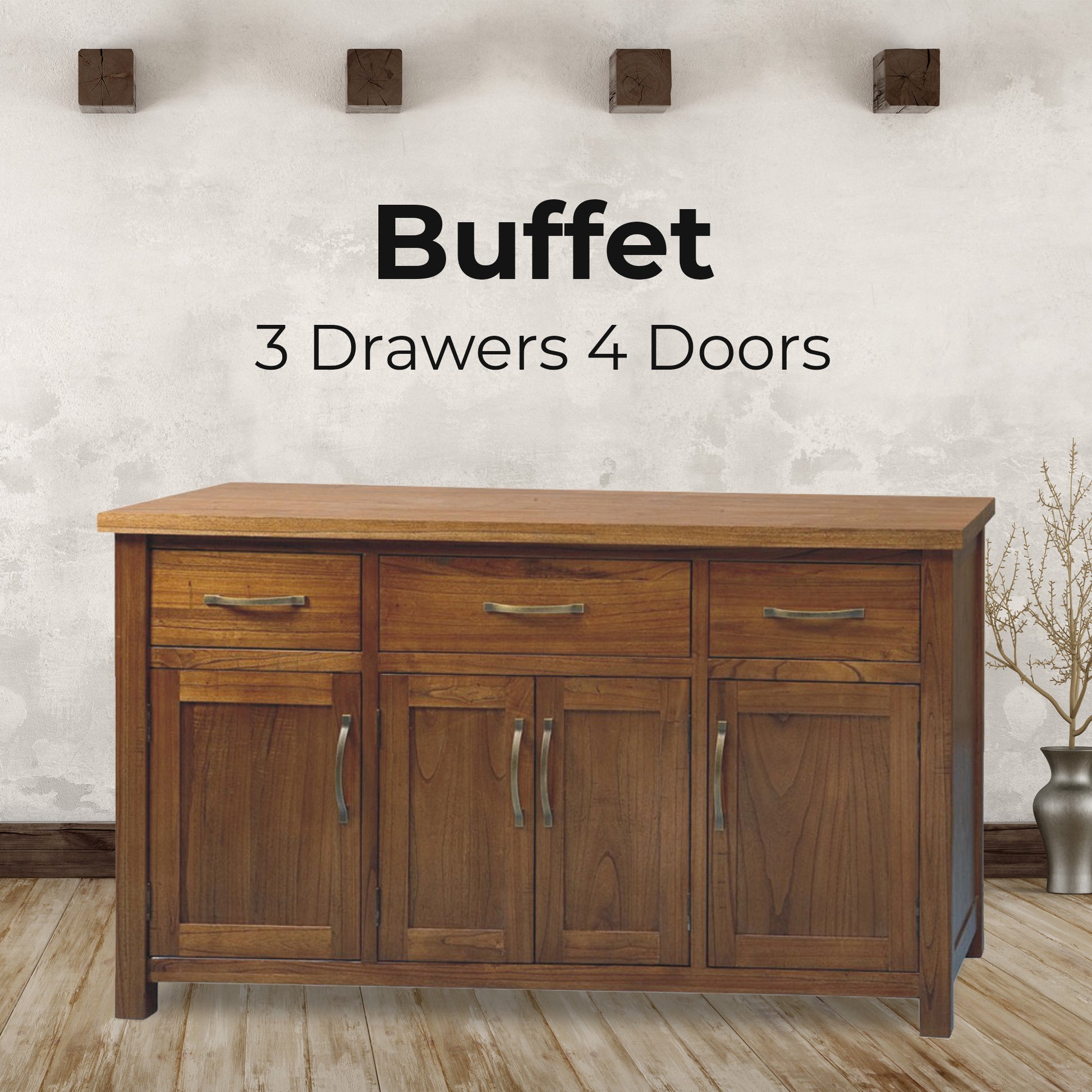 Birdsville Buffet Table 161cm 4 Door 3 Drawer Solid Mt Ash Timber Wood - Brown - Cosy Abode