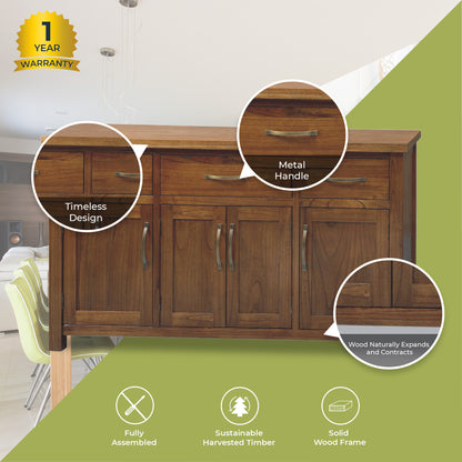 Birdsville Buffet Table 161cm 4 Door 3 Drawer Solid Mt Ash Timber Wood - Brown - Cosy Abode