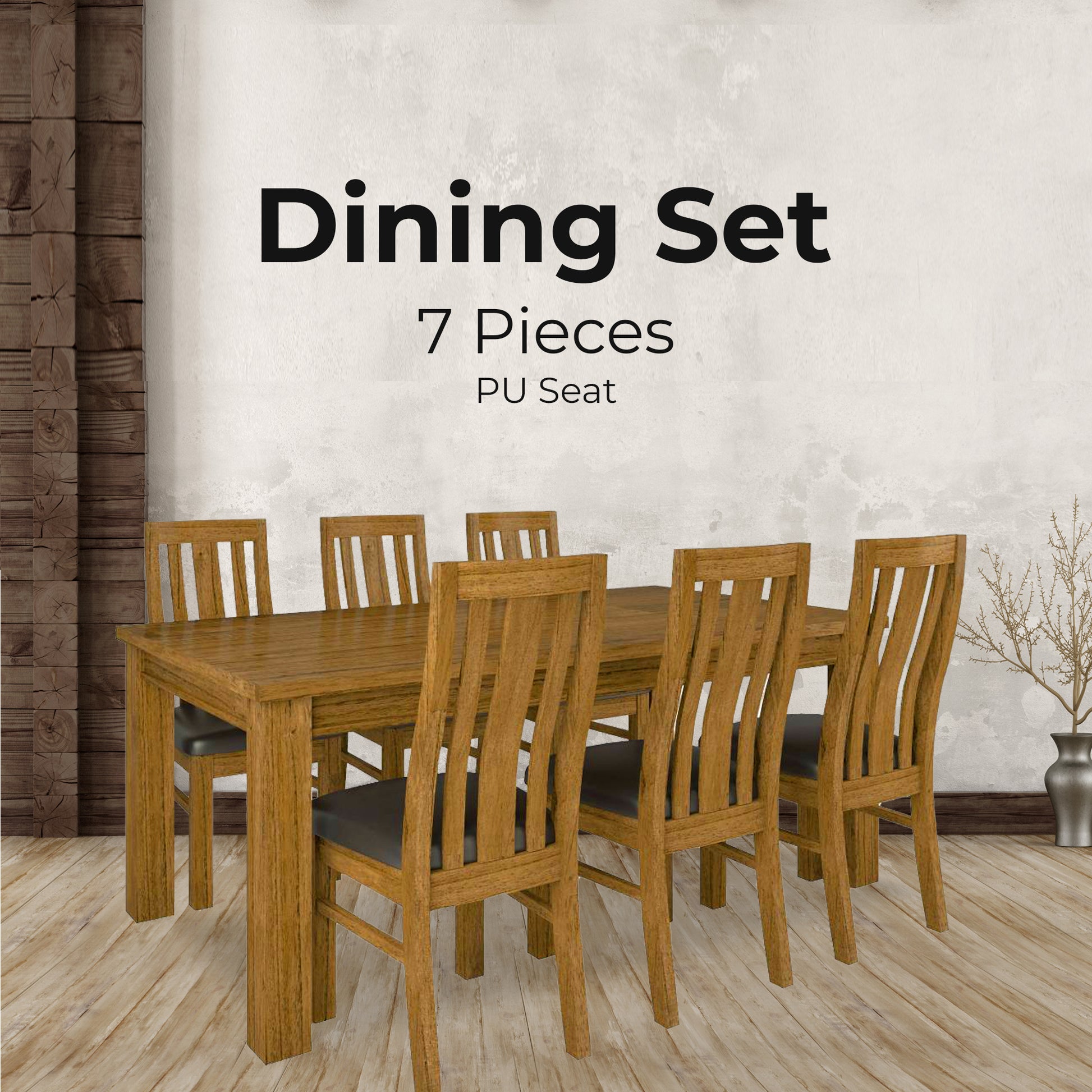 Birdsville 7pc Dining Set 190cm Table 6 PU Seat Chair Solid Mt Ash Wood - Brown - Cosy Abode