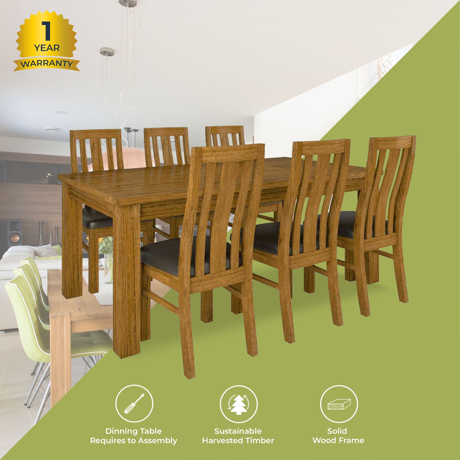 Birdsville 7pc Dining Set 190cm Table 6 PU Seat Chair Solid Mt Ash Wood - Brown - Cosy Abode