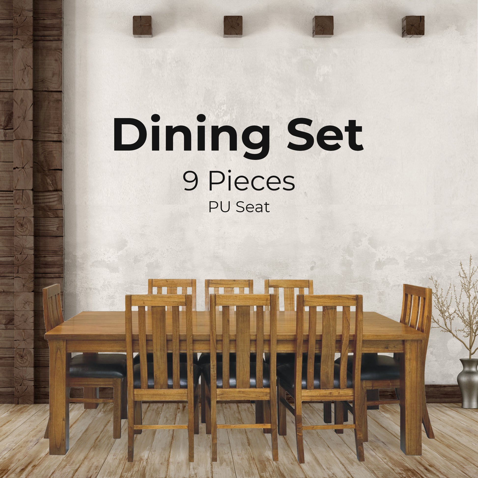 Birdsville 9pc Dining Set 225cm Table 8 PU Seat Chair Solid Mt Ash Wood - Brown - Cosy Abode
