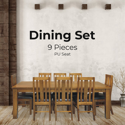 Birdsville 9pc Dining Set 225cm Table 8 PU Seat Chair Solid Mt Ash Wood - Brown - Cosy Abode