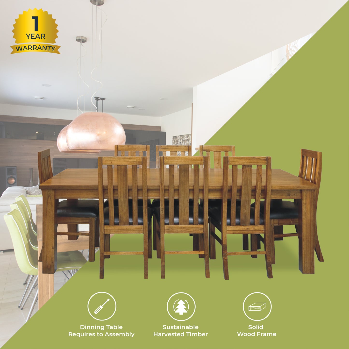 Birdsville 9pc Dining Set 225cm Table 8 PU Seat Chair Solid Mt Ash Wood - Brown - Cosy Abode