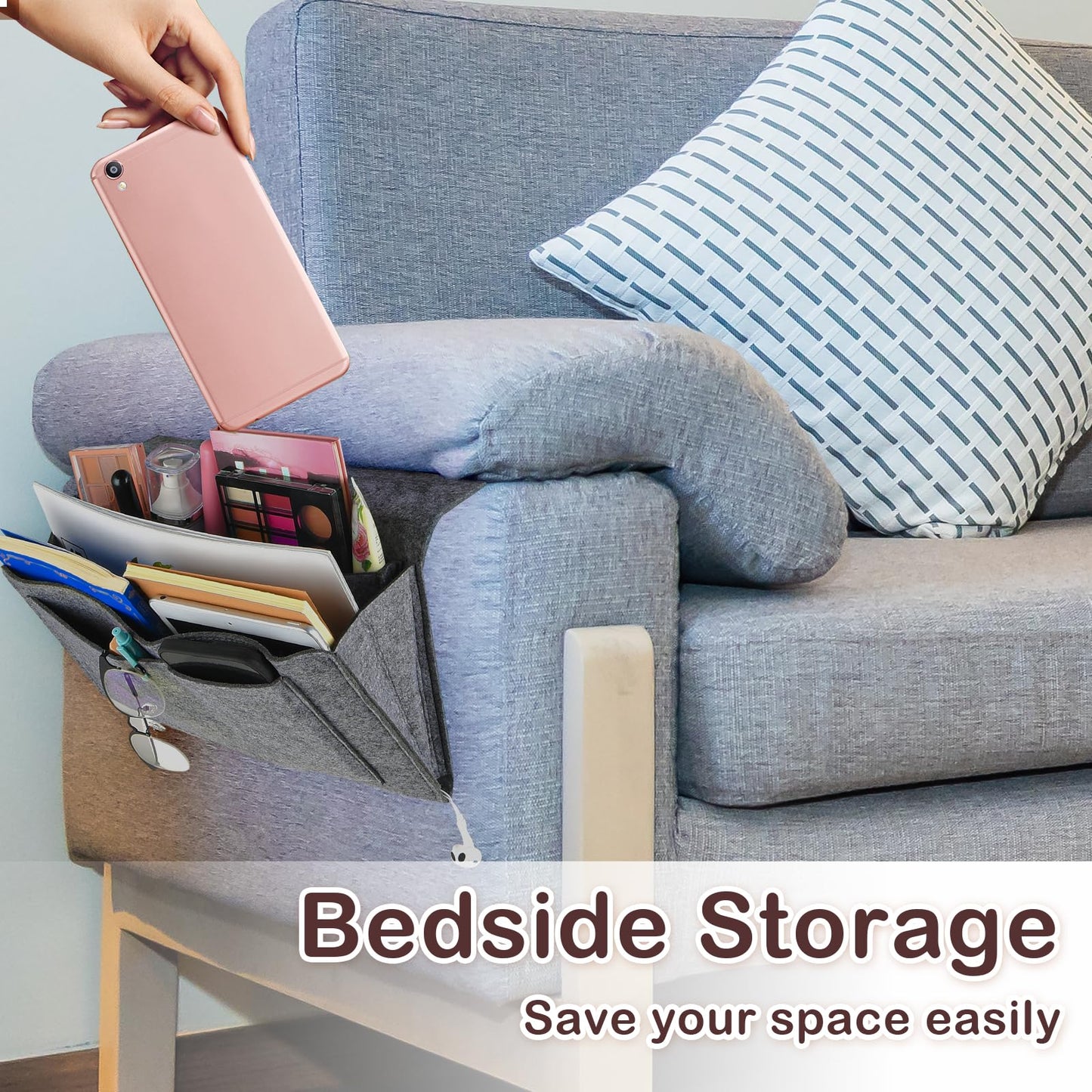 Bed Organiser Bed Caddy Sofa Organiser Bedside Organiser Book Magazines Organiser Grey - Cosy Abode