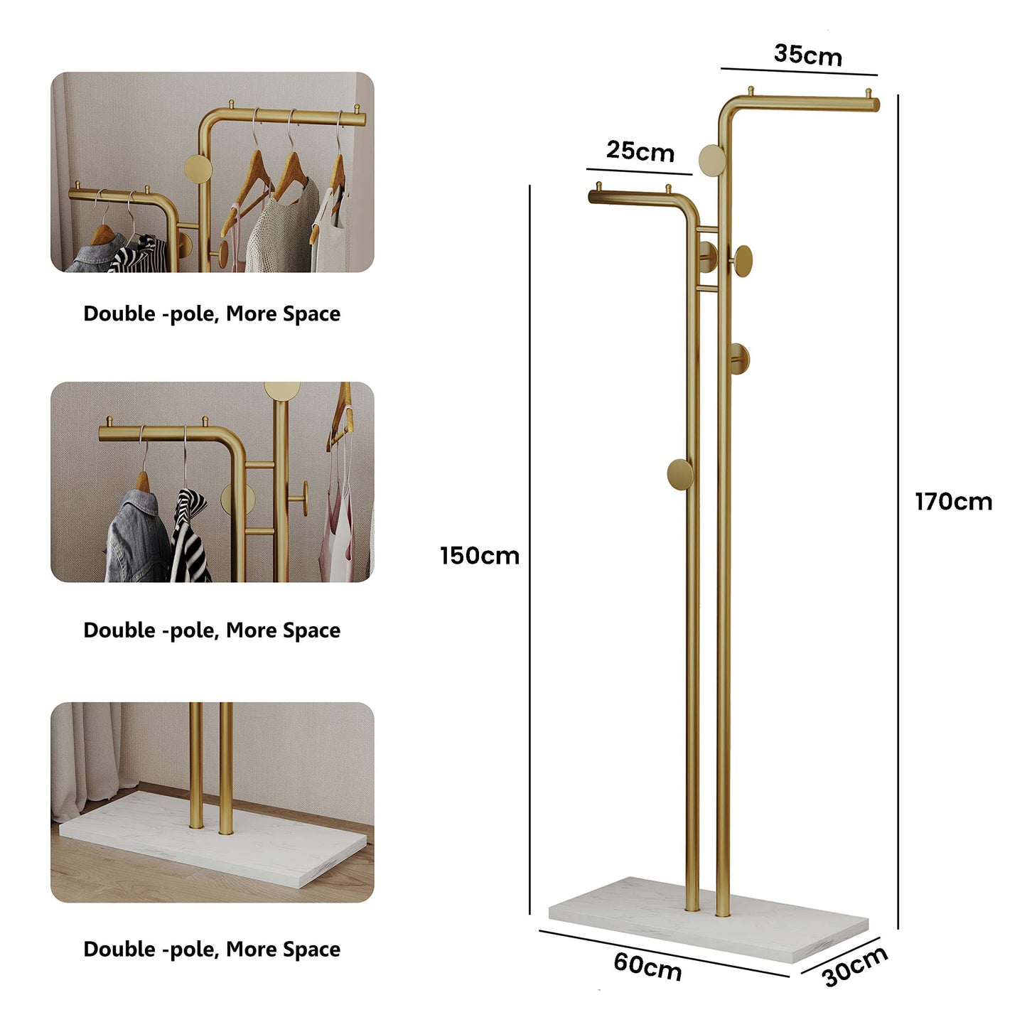 Metal Coat Rack Marble Base Hooks Clothes Coats Bag Tree Hat Display Hanger Stand Organiser 2 Pole - Cosy Abode