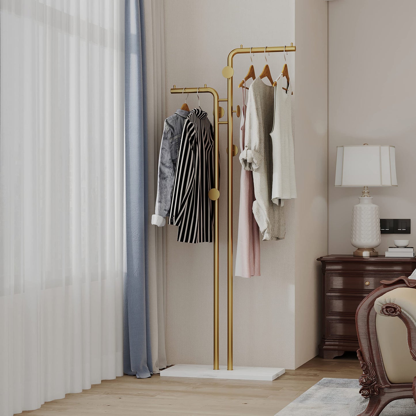 Metal Coat Rack Marble Base Hooks Clothes Coats Bag Tree Hat Display Hanger Stand Organiser 2 Pole - Cosy Abode