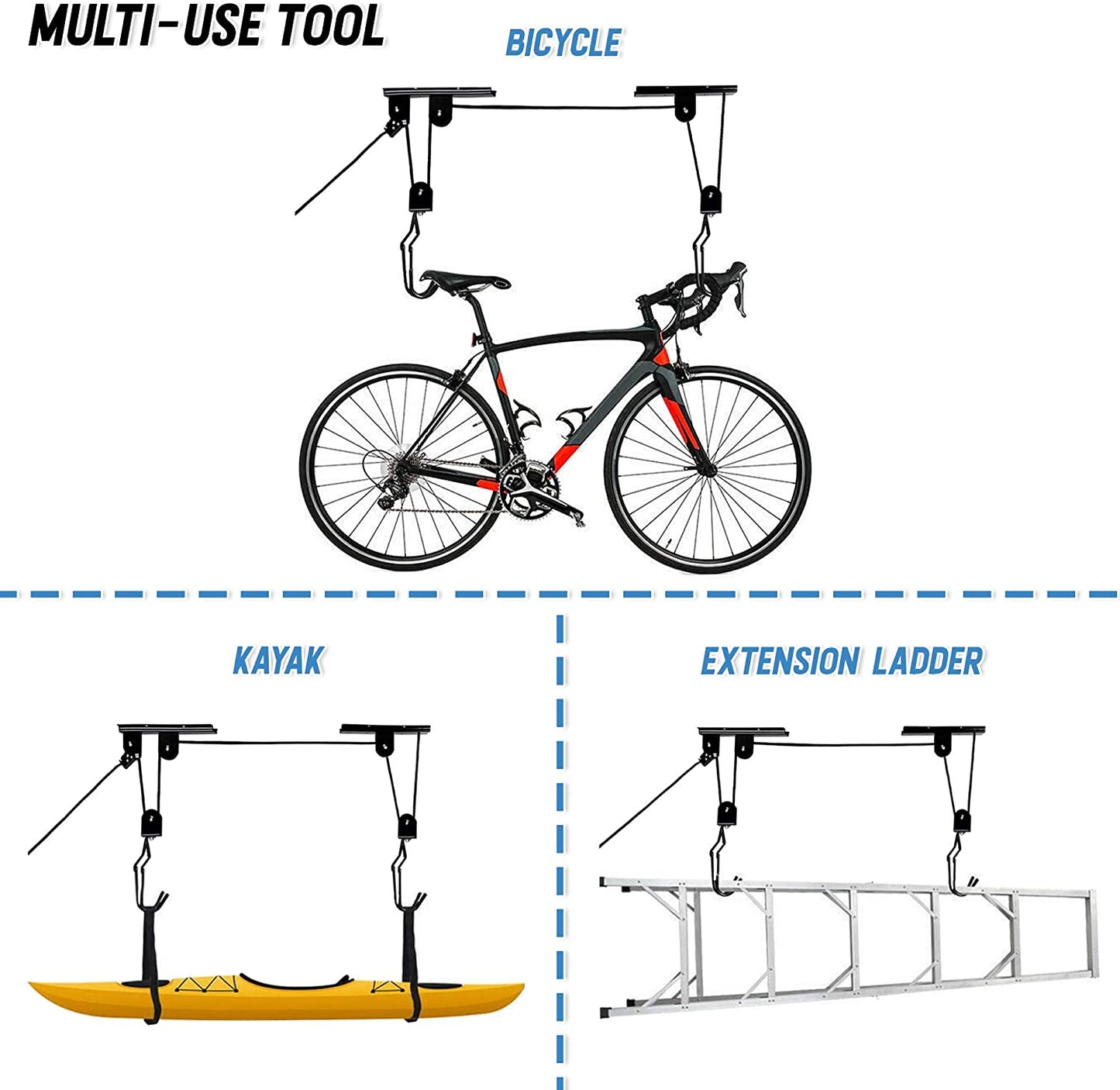 Kayak Bike Hoists Hanger Ladder Ceiling Mount 55kg Capacity Hooks Pulleys - Cosy Abode