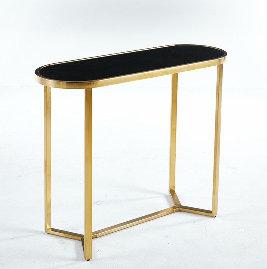 Interior Ave - Designer Giselle Black Glass & Brushed Gold Console Table - Cosy Abode