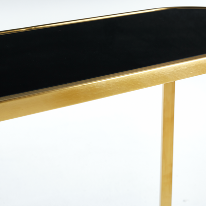 Interior Ave - Designer Giselle Black Glass & Brushed Gold Console Table - Cosy Abode