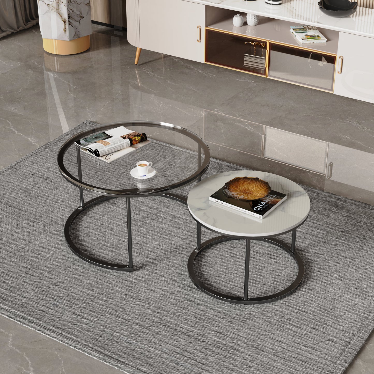 Interior Ave - Elle Luxe - Marble & Black Nested Coffee Table Set - Cosy Abode