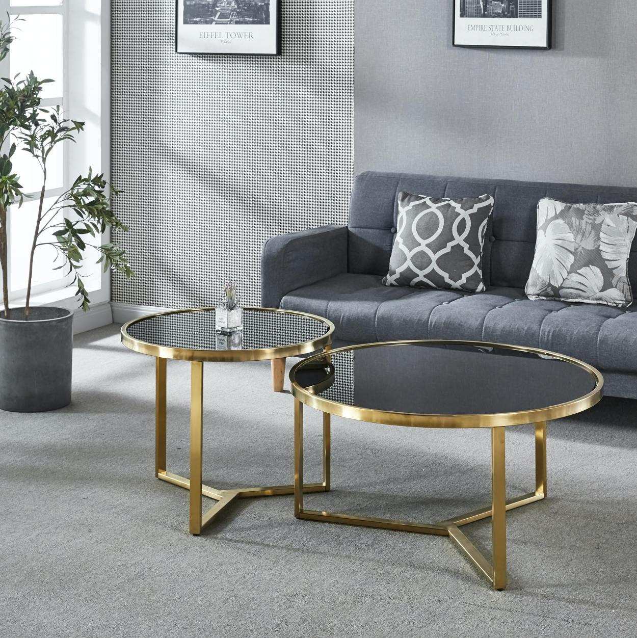 Interior Ave - Designer Giselle Black Glass & Brushed Gold Coffee Table Set - Cosy Abode