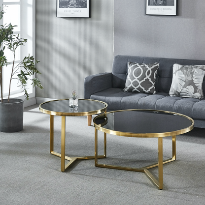Interior Ave - Designer Giselle Black Glass & Brushed Gold Coffee Table Set - Cosy Abode