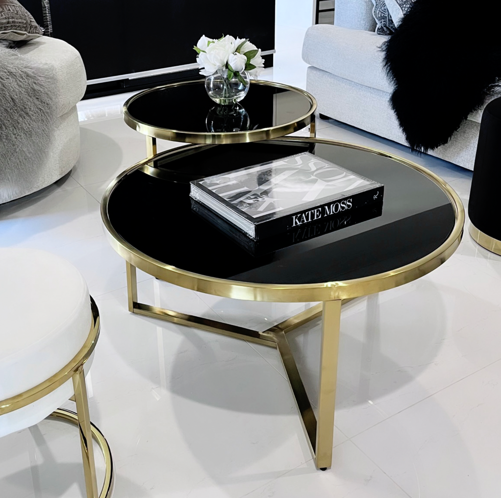 Interior Ave - Designer Giselle Black Glass & Brushed Gold Coffee Table Set - Cosy Abode
