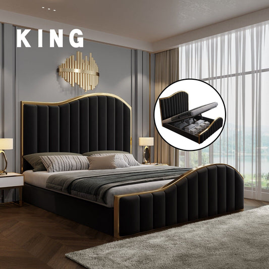 King Size Elegant Luxury Bedframe with Gas Lift Storage Black Velvet Fabric Golden Trim - Cosy Abode