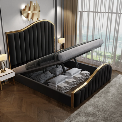 King Size Elegant Luxury Bedframe with Gas Lift Storage Black Velvet Fabric Golden Trim - Cosy Abode