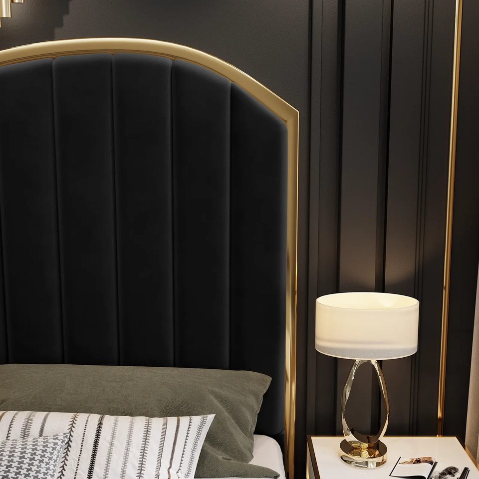 King Size Elegant Luxury Bedframe with Gas Lift Storage Black Velvet Fabric Golden Trim - Cosy Abode