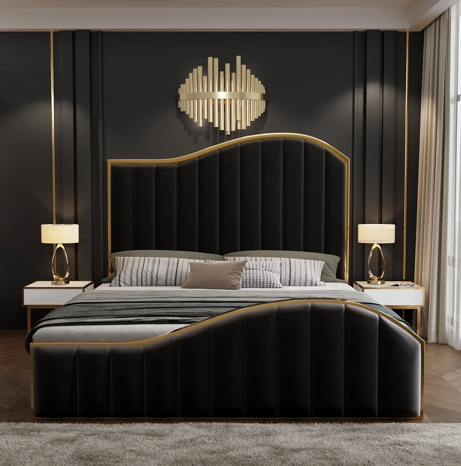 King Size Elegant Luxury Bedframe with Gas Lift Storage Black Velvet Fabric Golden Trim - Cosy Abode