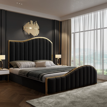 King Size Elegant Luxury Bedframe with Gas Lift Storage Black Velvet Fabric Golden Trim - Cosy Abode