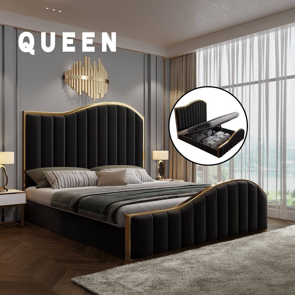 Queen Size Black Velvet Fabric Golden Metal Storage Elegant Luxury Bedframe - Cosy Abode