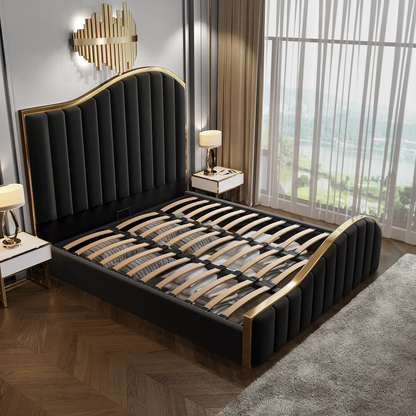 Queen Size Black Velvet Fabric Golden Metal Storage Elegant Luxury Bedframe - Cosy Abode