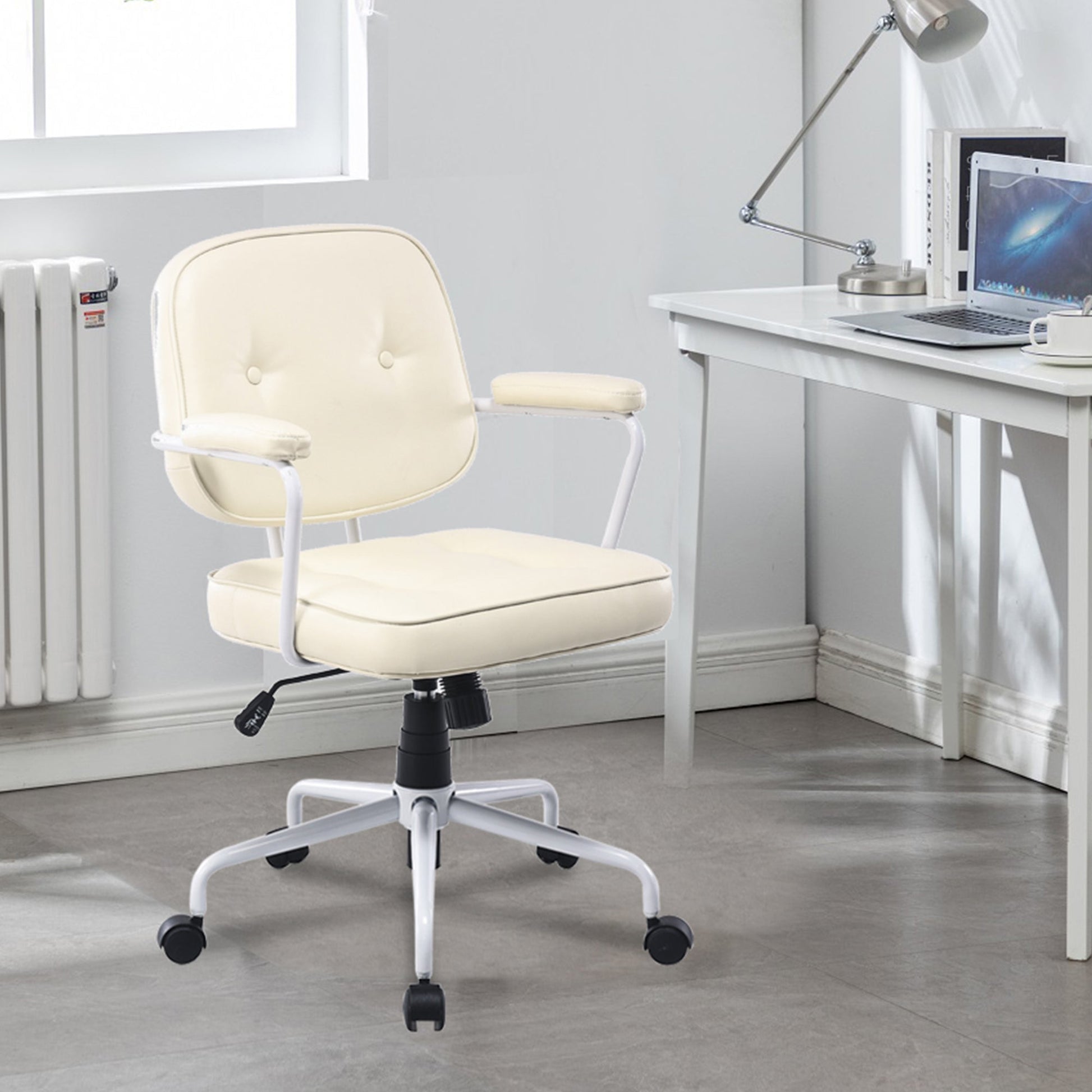 Louise White Frame Faux Leather Home Office Chair in Beige - Cosy Abode
