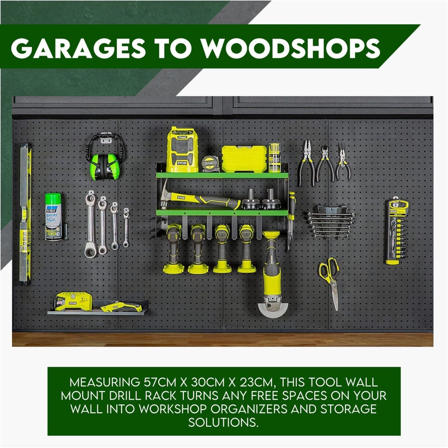 Power Tool Organiser Wall Mounted Drill Storage Organizer Holder Hikoki Green - Cosy Abode