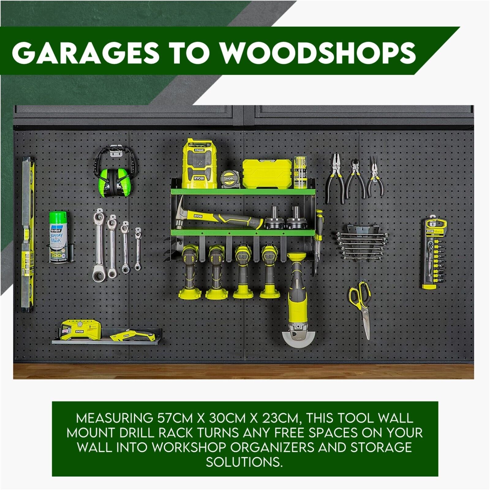 Power Tool Organiser Wall Mounted Drill Storage Organizer Holder Hikoki Green - Cosy Abode