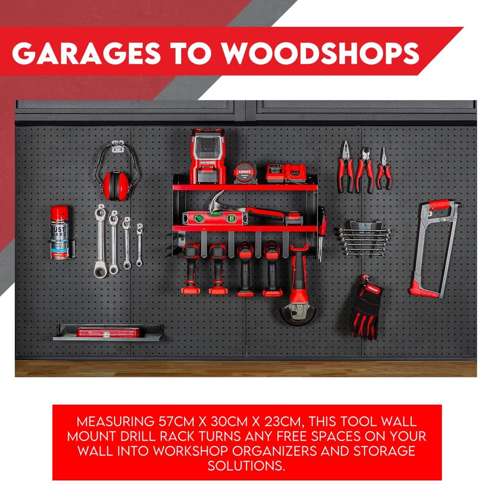 Power Tool Organiser Wall Mounted Drill Storage Organizer Holder Milwaukee Red - Cosy Abode
