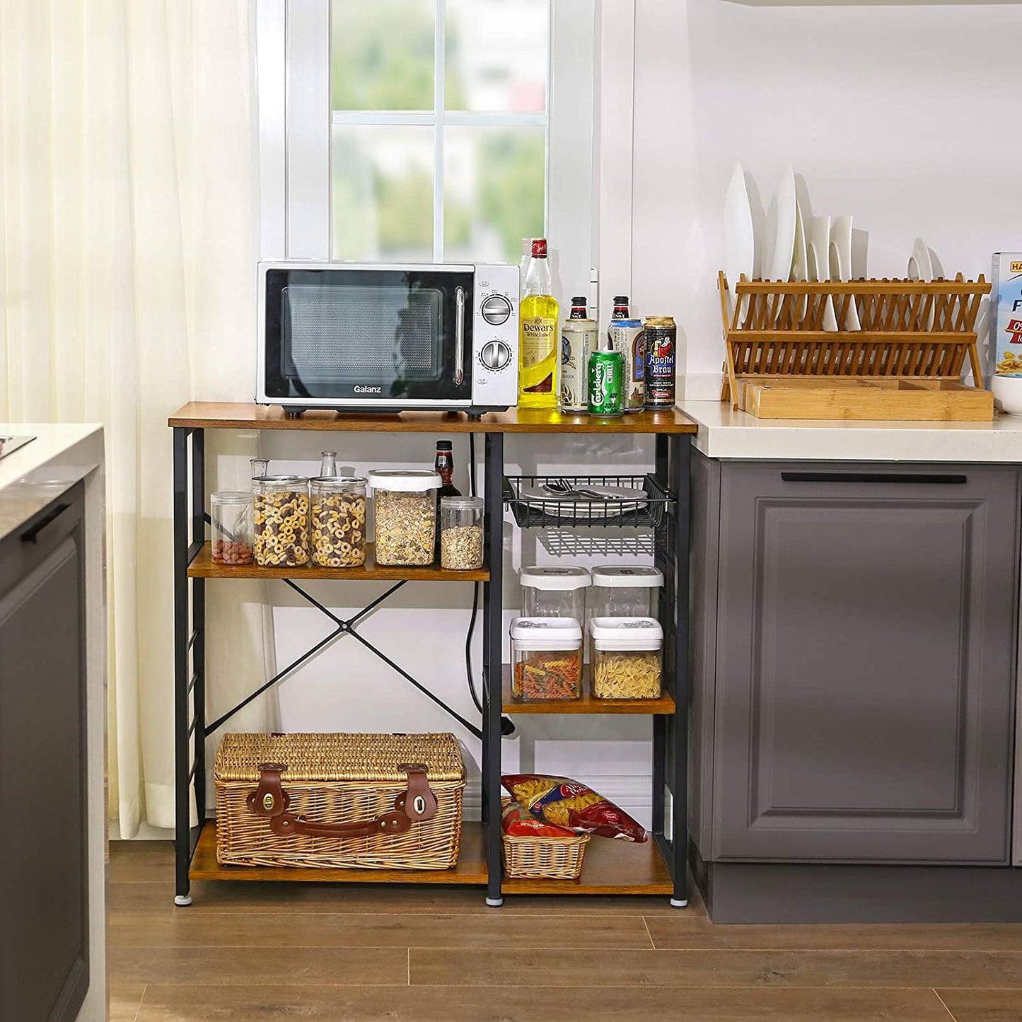 VASAGLE Kitchen Storage Shelves with Wire Basket and 6 S-Hooks - Cosy Abode