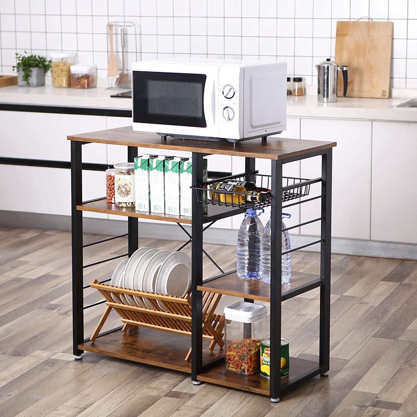 VASAGLE Kitchen Storage Shelves with Wire Basket and 6 S-Hooks - Cosy Abode