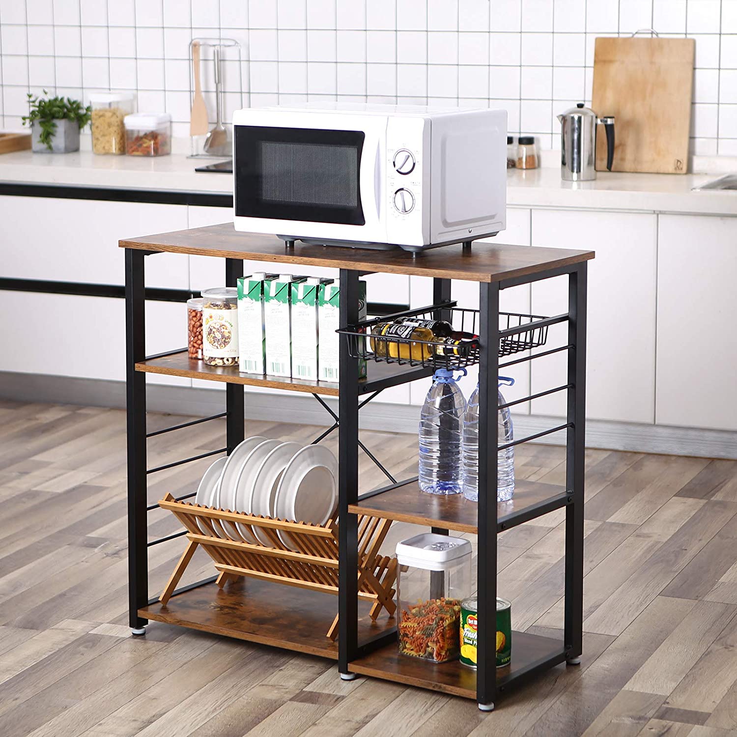 VASAGLE Kitchen Storage Shelves with Wire Basket and 6 S-Hooks - Cosy Abode