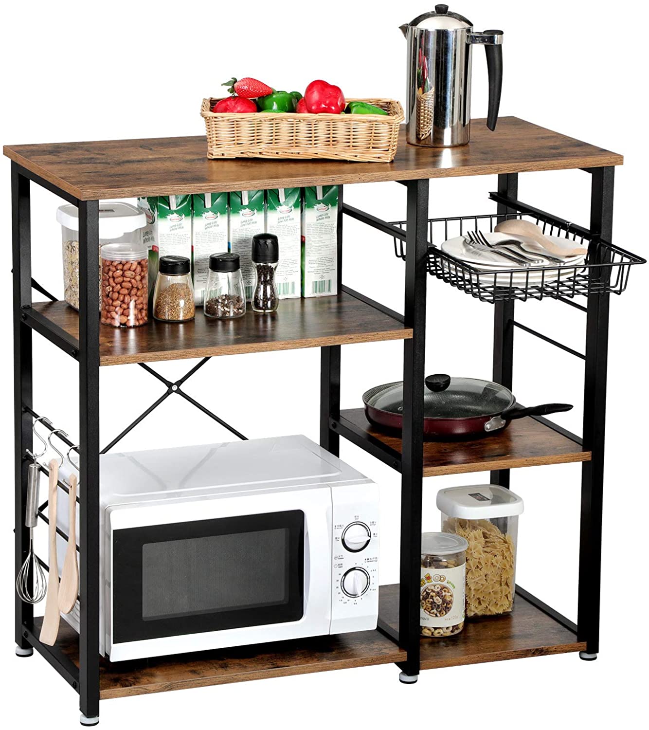 VASAGLE Kitchen Storage Shelves with Wire Basket and 6 S-Hooks - Cosy Abode