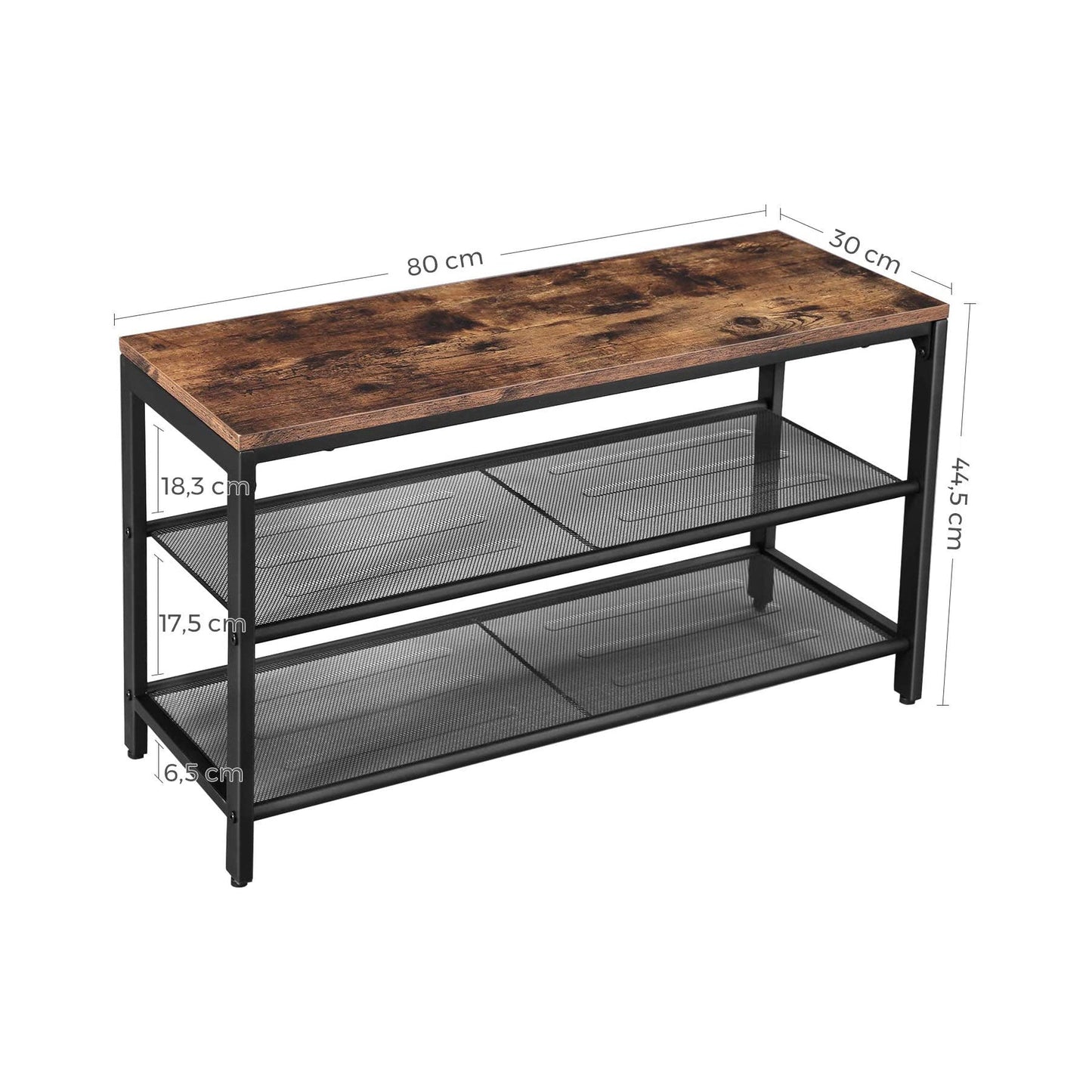 VASAGLE 3 Tier Shoe Storage Bench 80cm Rustic Brown and Black - Cosy Abode