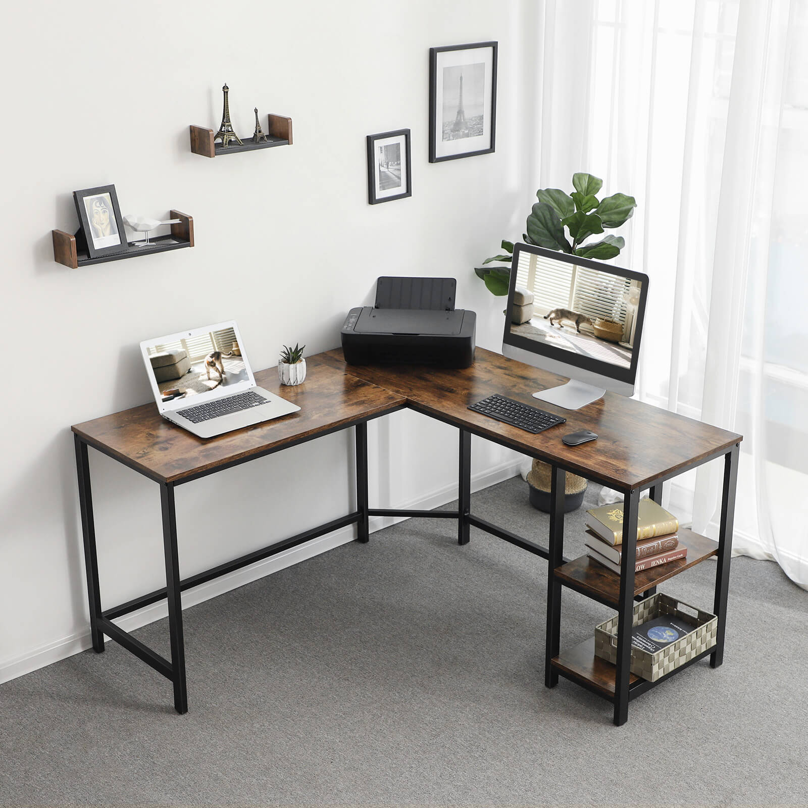 VASAGLE L-Shaped Desk with Shelves - Cosy Abode