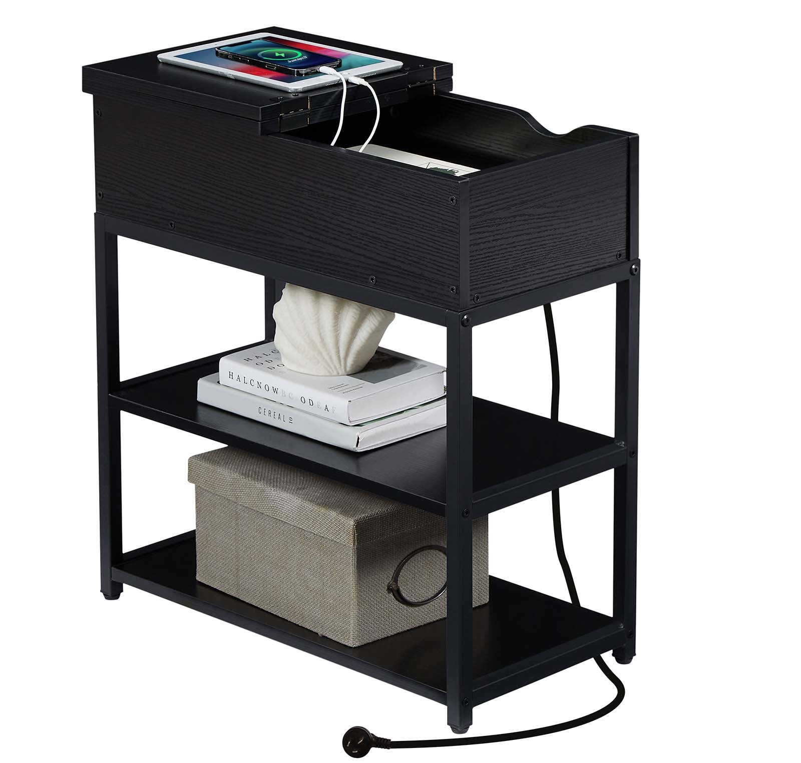 Casadiso Sofa Side Table with Integrated Charging Station - Multi-Tier Black Side Table with Built-in Power Board (Casadiso Saiph Pro) - Cosy Abode