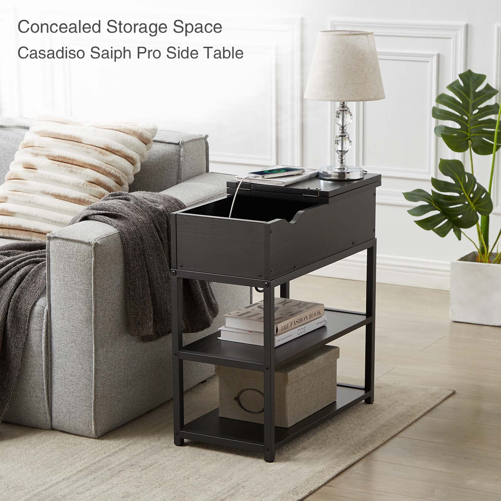 Casadiso Sofa Side Table with Integrated Charging Station - Multi-Tier Black Side Table with Built-in Power Board (Casadiso Saiph Pro) - Cosy Abode