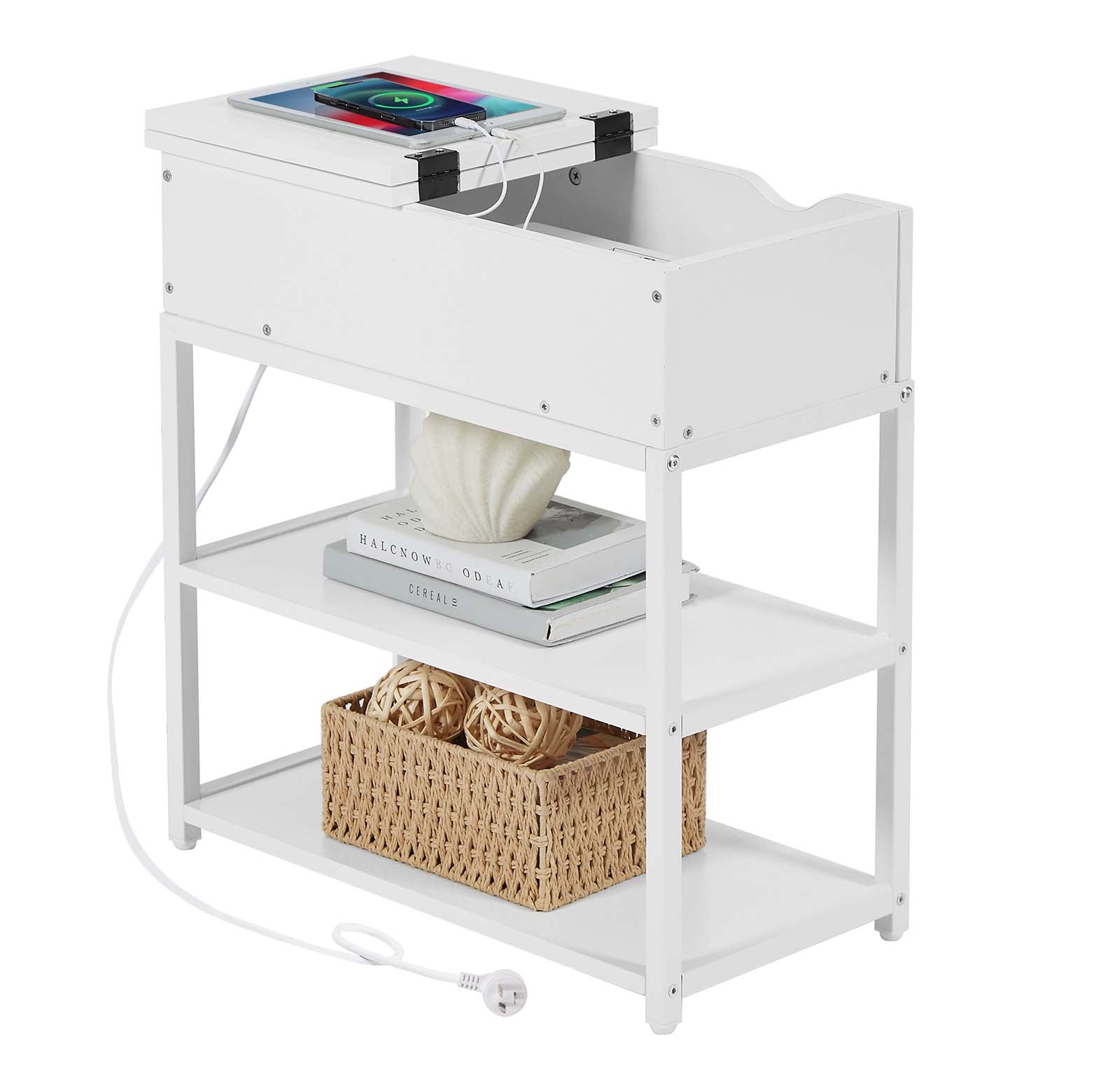 Casadiso Bedside Table with Powerboard - Multi-Tier Sleek White Side Table with Charging Station (Casadiso Saiph Pro) - Cosy Abode