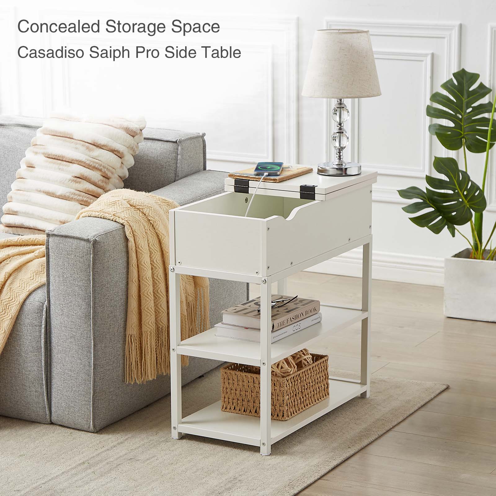 Casadiso Bedside Table with Powerboard - Multi-Tier Sleek White Side Table with Charging Station (Casadiso Saiph Pro) - Cosy Abode