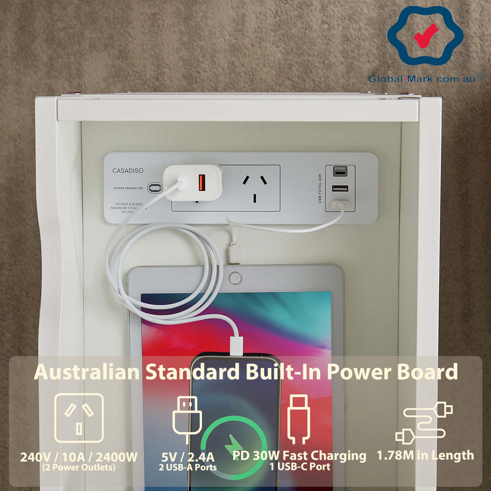 Casadiso Bedside Table with Powerboard - Multi-Tier Sleek White Side Table with Charging Station (Casadiso Saiph Pro) - Cosy Abode