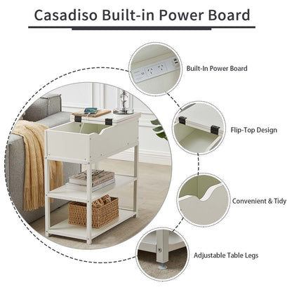 Casadiso Bedside Table with Powerboard - Multi-Tier Sleek White Side Table with Charging Station (Casadiso Saiph Pro) - Cosy Abode