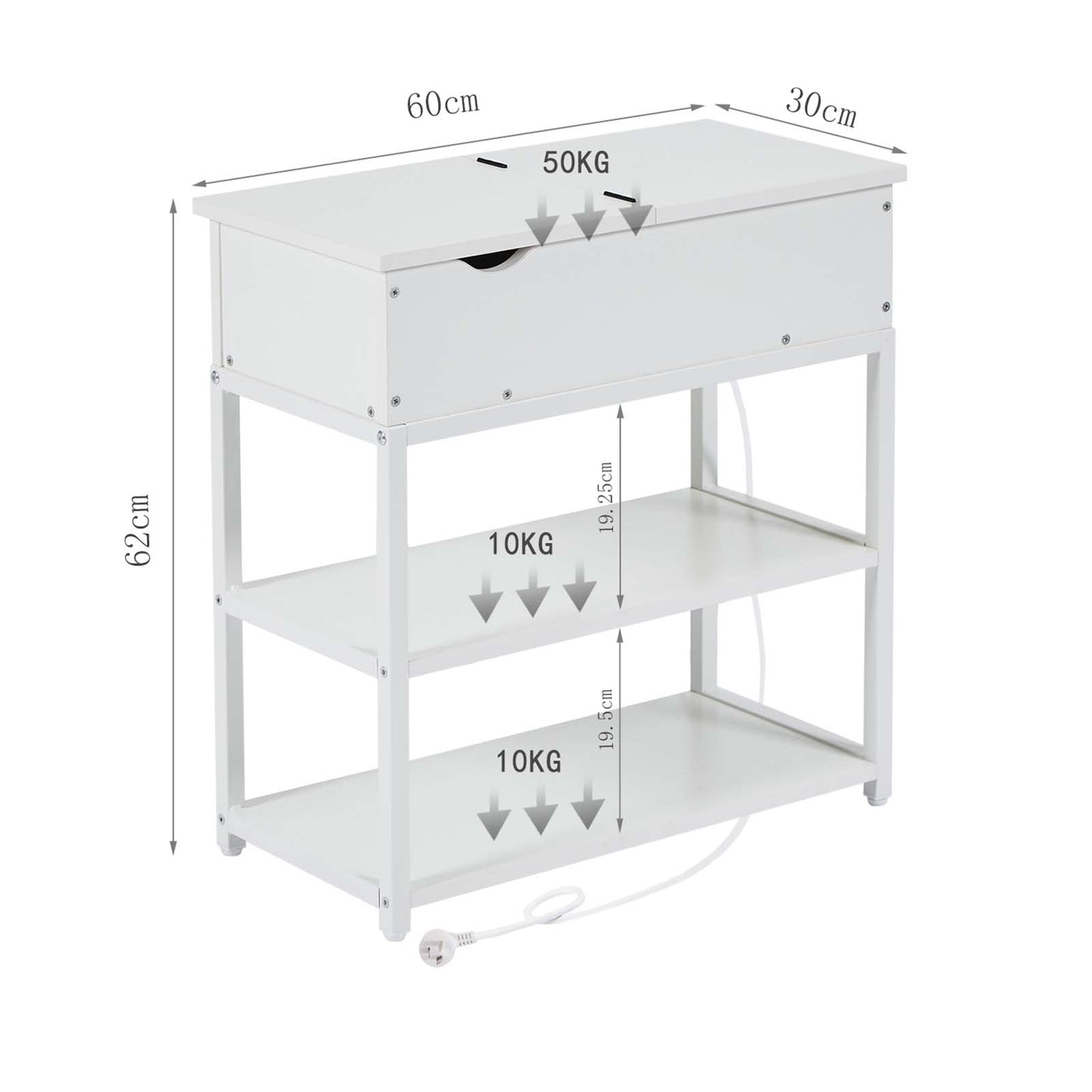Casadiso Bedside Table with Powerboard - Multi-Tier Sleek White Side Table with Charging Station (Casadiso Saiph Pro) - Cosy Abode