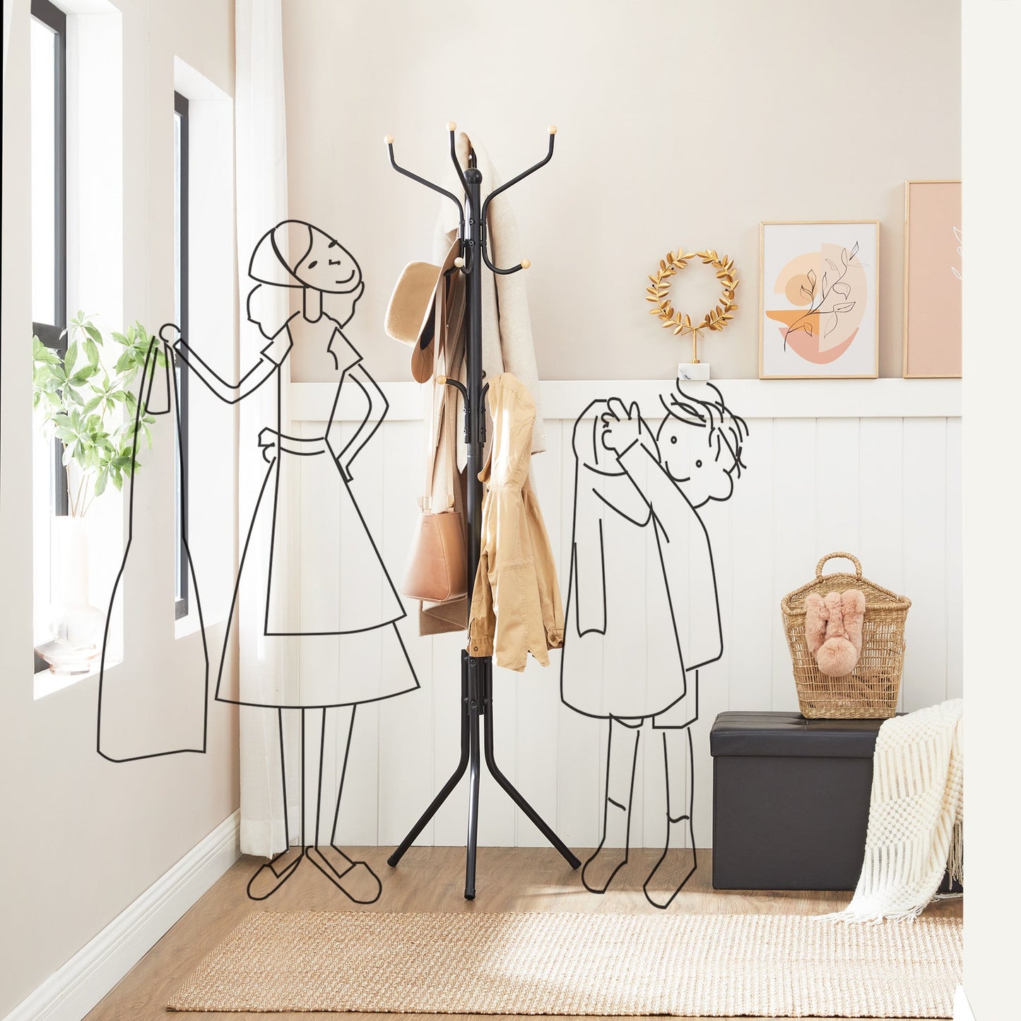 SONGMICS Metal Coat Rack 182 cm Tall Hall Tree Black - Cosy Abode
