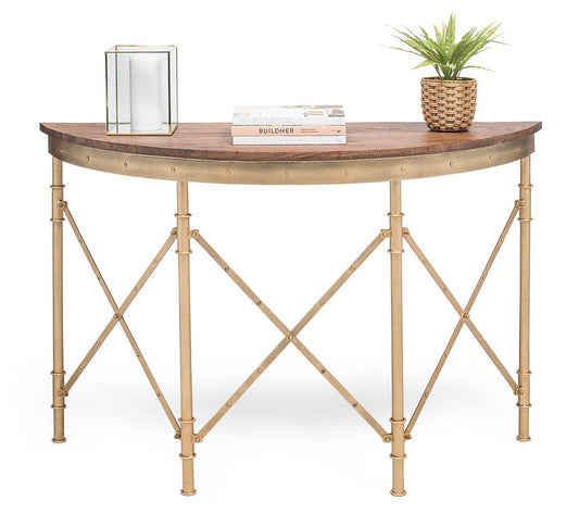 Wooden Hallway Console Table Half Round Shape in French Brass Finish - Cosy Abode