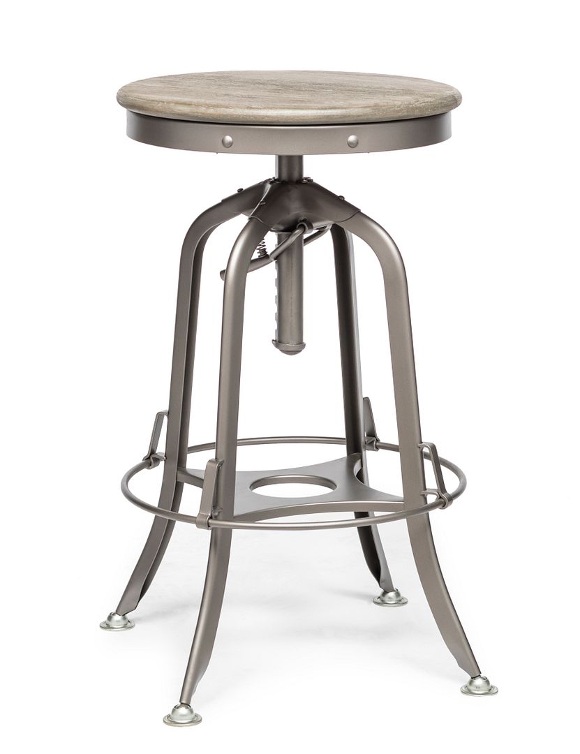Industrial Height Adjustable Swivel Bar Stool with Oak Wood Top - Grey Finish - Cosy Abode