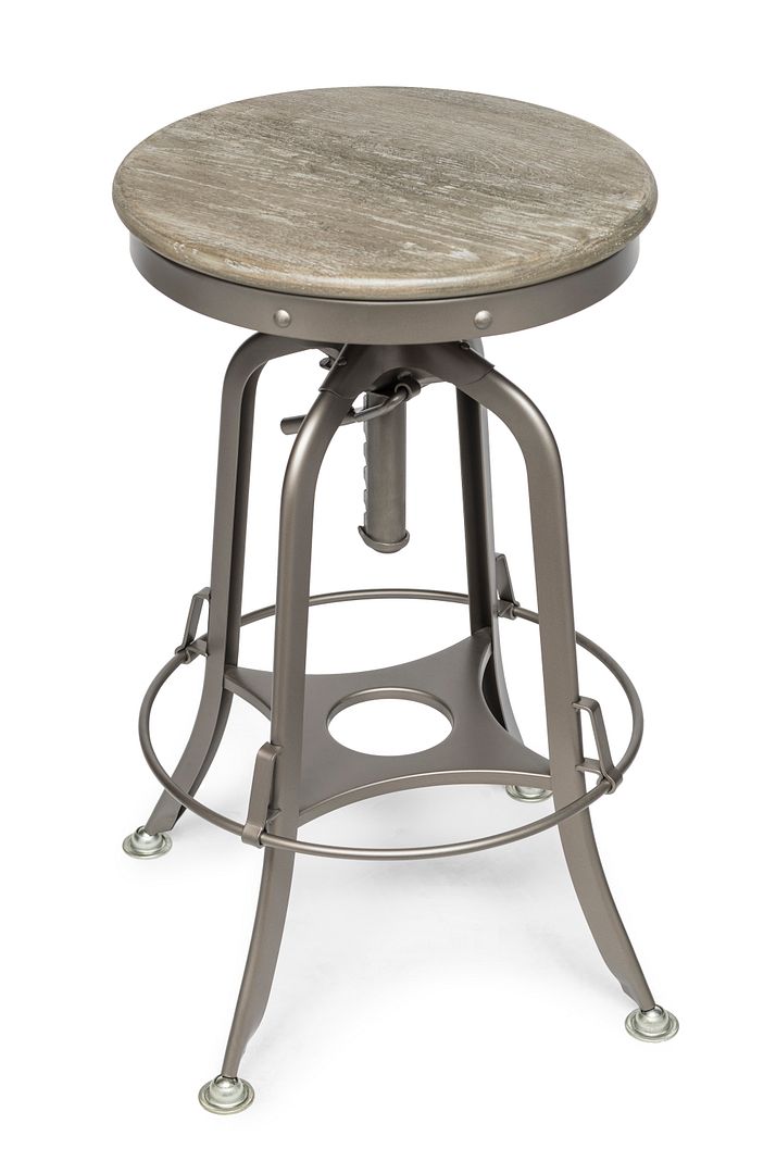 Industrial Height Adjustable Swivel Bar Stool with Oak Wood Top - Grey Finish - Cosy Abode