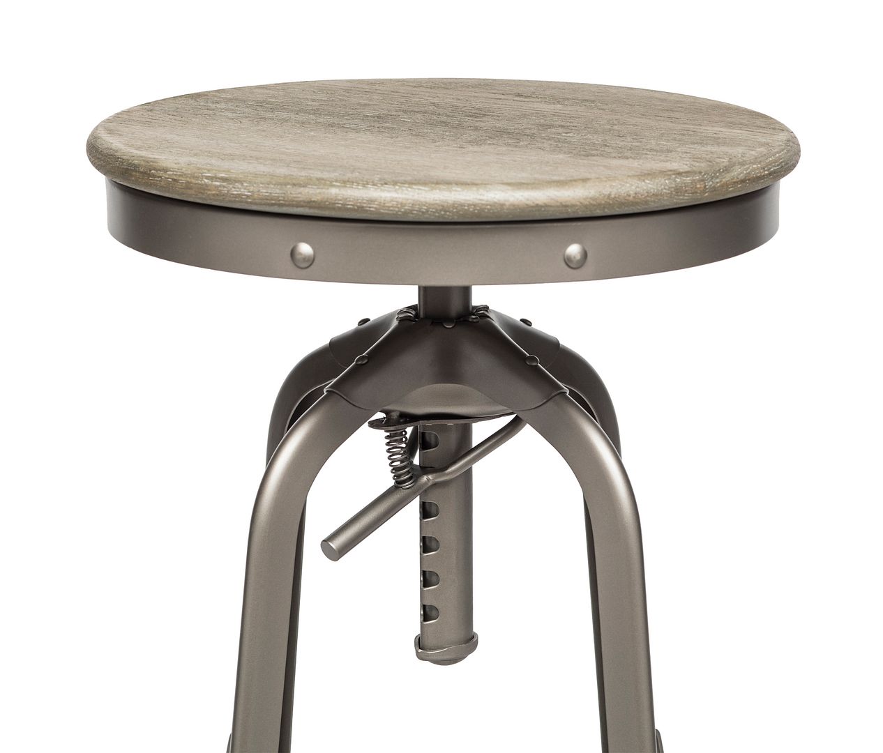 Industrial Height Adjustable Swivel Bar Stool with Oak Wood Top - Grey Finish - Cosy Abode