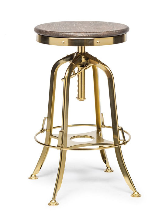 Industrial Height Adjustable Swivel Bar Stool with Oak Wood Top - Gold Finish - Cosy Abode