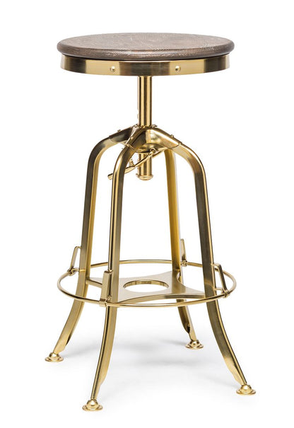 Industrial Height Adjustable Swivel Bar Stool with Oak Wood Top - Gold Finish - Cosy Abode